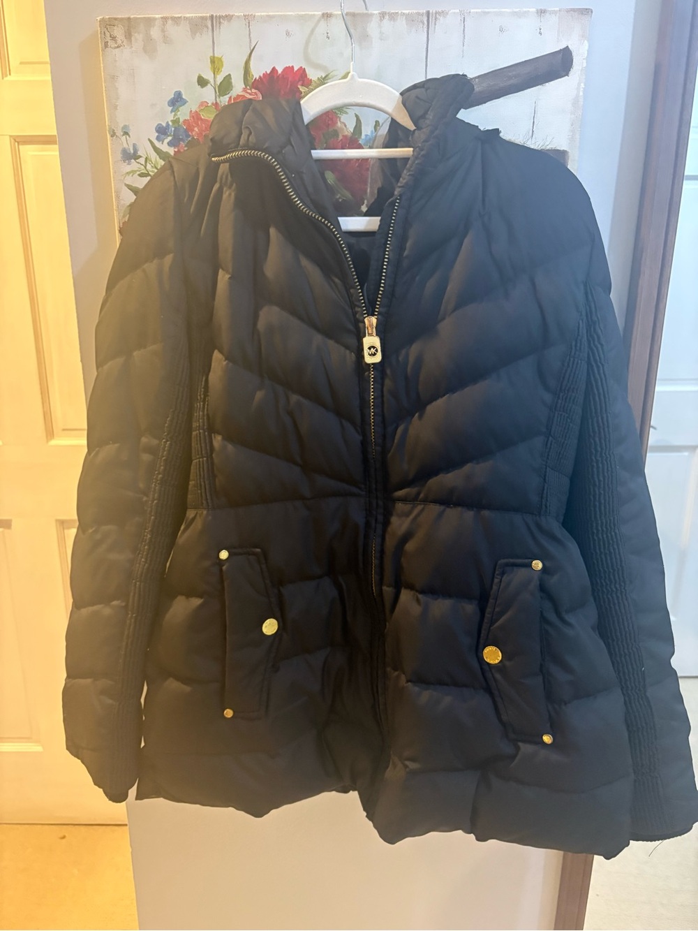 MICHAEL Michael Kors Black Quilted Puffer Coat with Gold Hardware